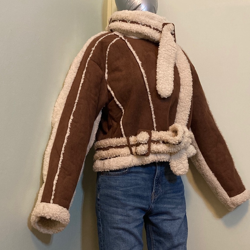 Brown Faux Shearling Biker Jacket with Cream Trim - Picture 4 of 14